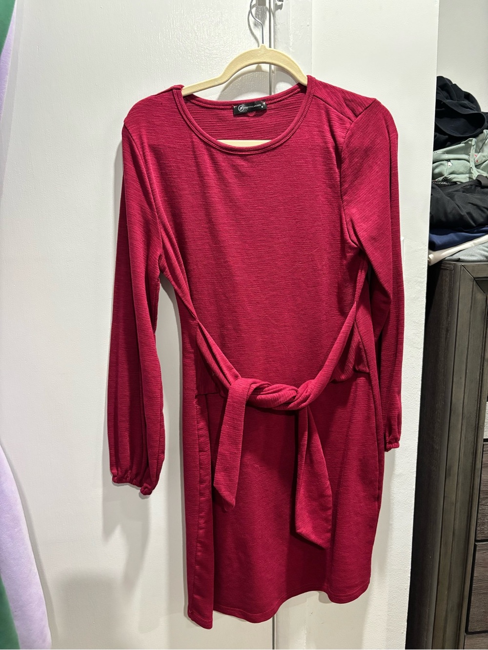 Crewneck Long Sleeve Knit Dress With Wrap Tie Waist
